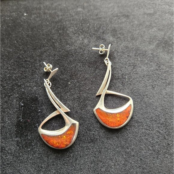 Modernist Amber & Sterling Silver Statement Earrings Abstract Crescent Design - Picture 2 of 9